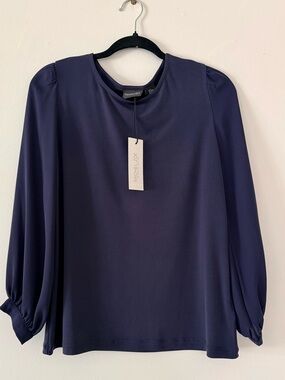Rachel Zoe Navy Sheer Puff-Long-Sleeve Blouse SZ.M
